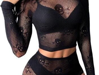 Women Lingerie Set Fishnet Babydoll Bodysuit Sexy Nightwear Skull Halloween Costume
