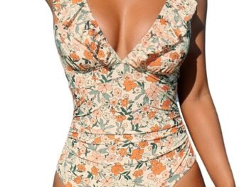 Women's Ruffled One Piece Swimsuit V Neck Lace Up