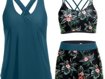 3 Piece Tankini Swimsuits for Women Tummy Control Bathing Suits Swim Tank Top with Bra Boy Shorts Teen Swimwear