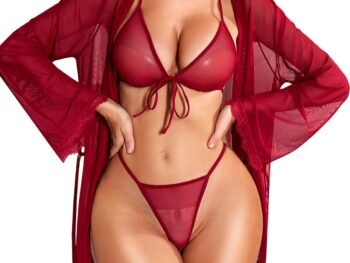 Women Sexy Lingerie Set - 3 Piece Bra and Panty Sets with Lace Kimono Robe Sheer Sleepwear Mesh Nightgown